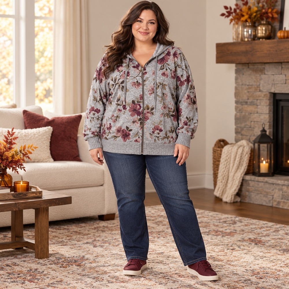Maurices Gray Floral Zip Up Sweater Cardigan Hoodie Plus Size 4 Long Sleeve